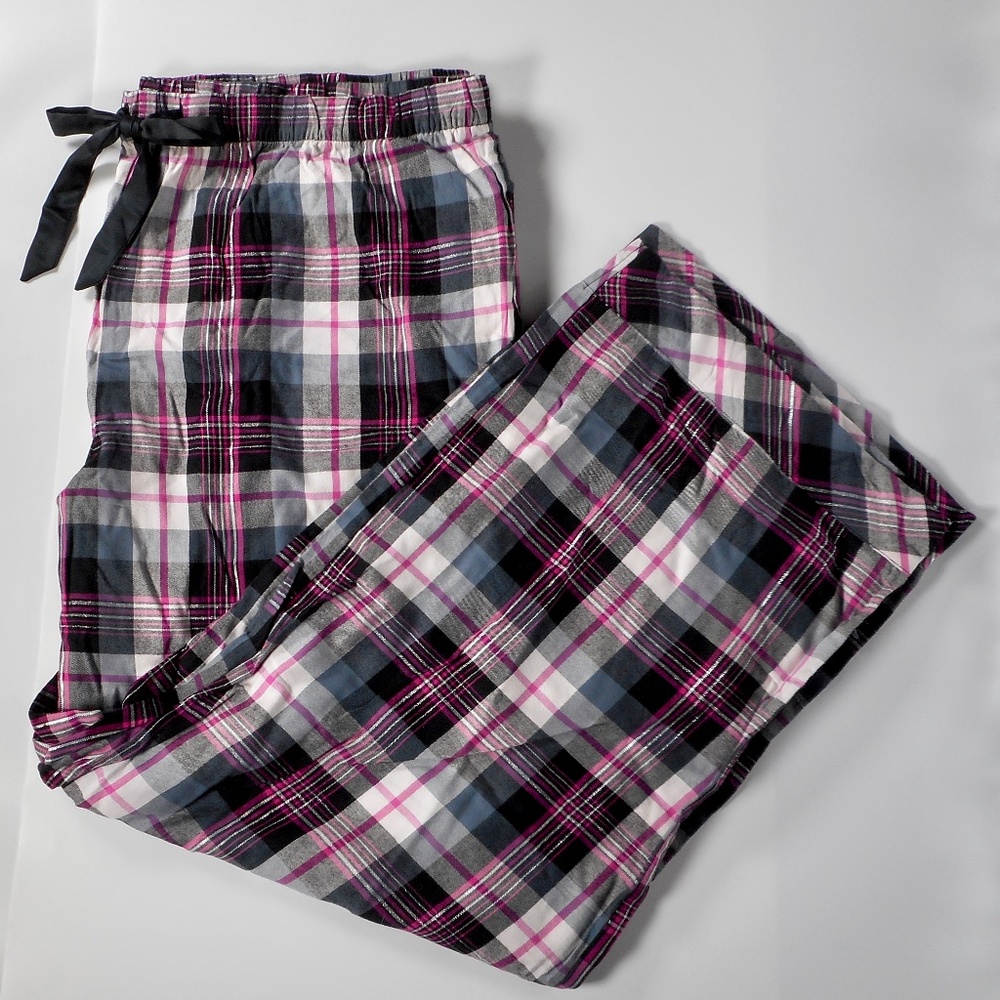 NWT Victoria Secret Flannel Pajama Set XXL 3pc Lounge Black Gray Hot Pink Plaid - Picture 12 of 15